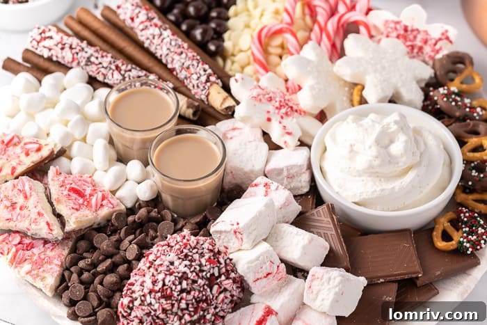 Close-up of a festive hot chocolate charcuterie board overflowing with toppings.