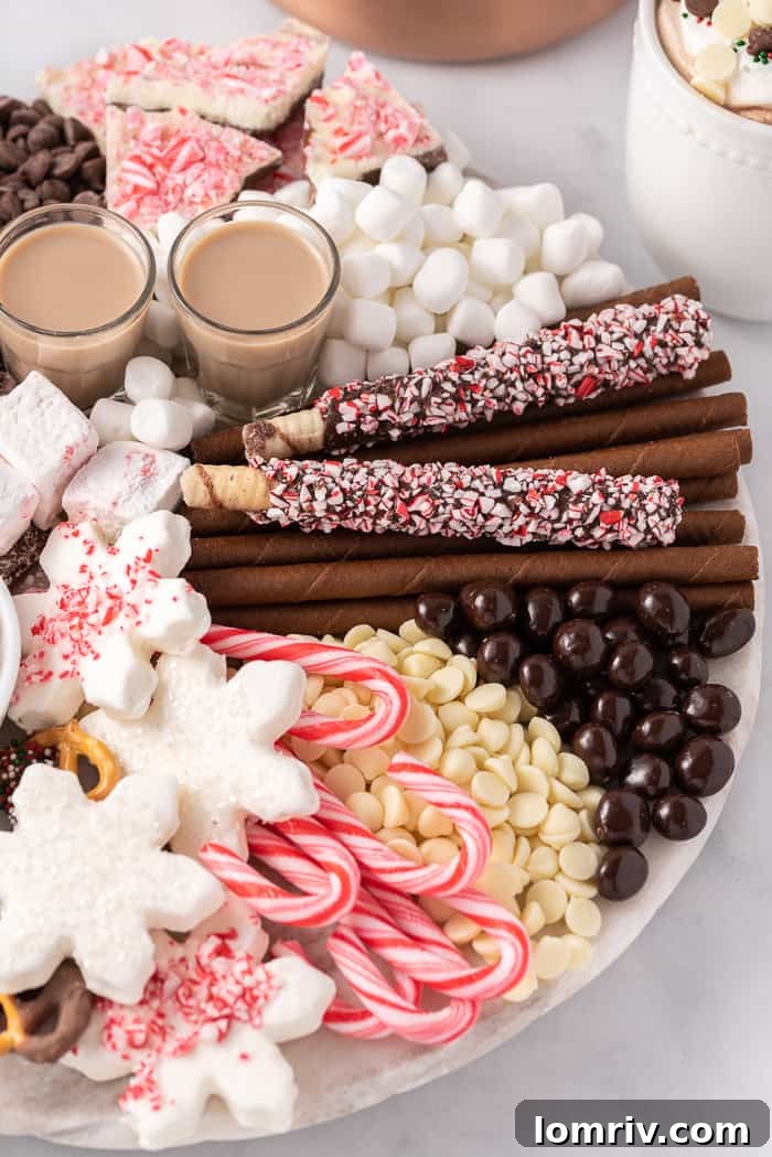 Detailed close up of a hot chocolate charcuterie board, highlighting various toppings like candy canes, chocolates, and marshmallows.