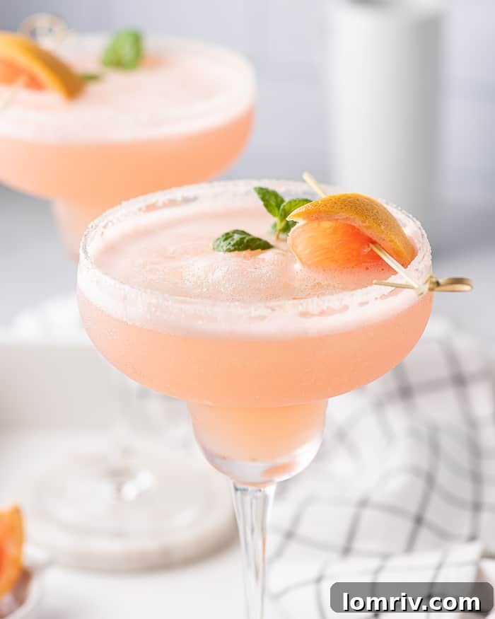 Frozen Grapefruit Margarita in a garnished glass.