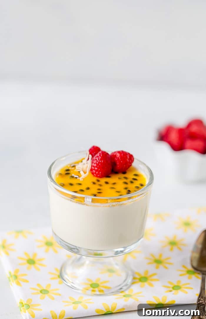 Passionfruit Coconut Panna Cotta - A creamy, rich, and passionfruit-infused tropical dessert.