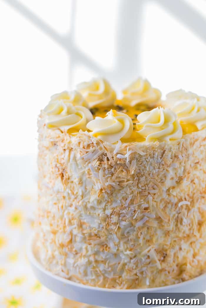 The perfect layers of a Passionfruit Coconut Layer Cake.