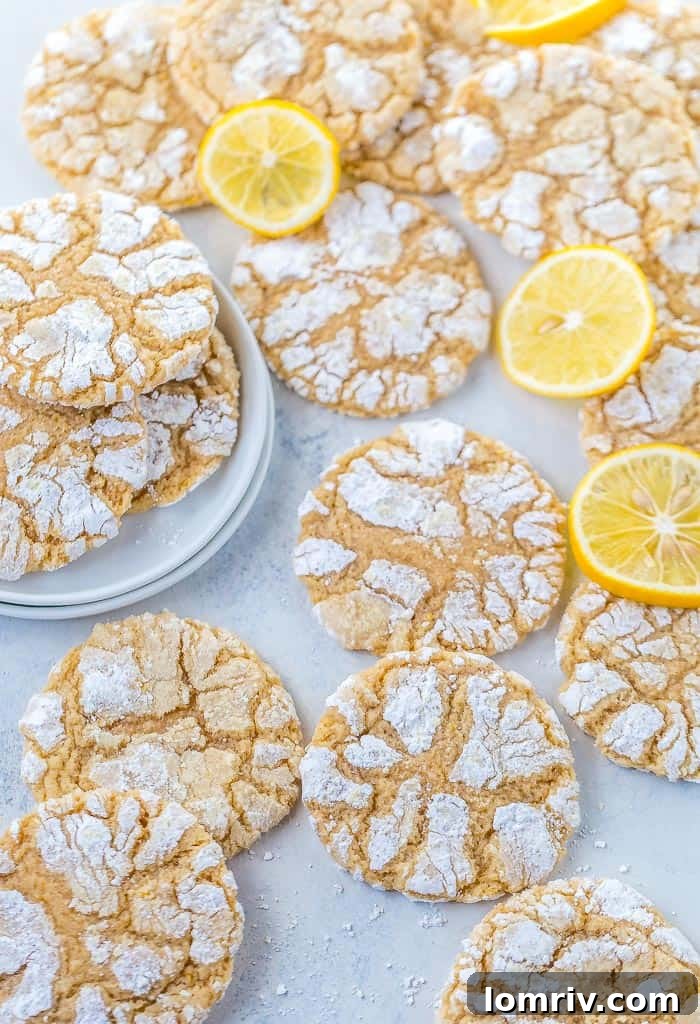 Delicious Meyer Lemon Crinkle Cookies dusted with powdered sugar, a perfect balance of sweet and tart.