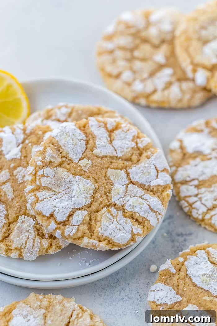 Close-up of freshly baked Meyer Lemon Crinkle Cookies on a cooling rack, showcasing their characteristic powdered sugar cracks.