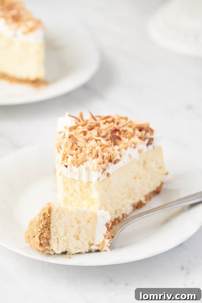 A decadent slice of Coconut Cheesecake, topped with whipped cream and toasted coconut flakes, served on a plate.