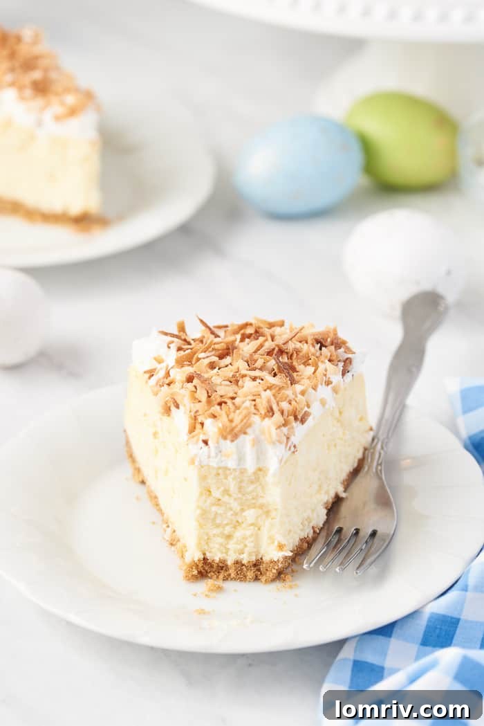 A close-up shot of a single slice of Coconut Cheesecake, beautifully garnished with toasted coconut flakes, on a white plate.