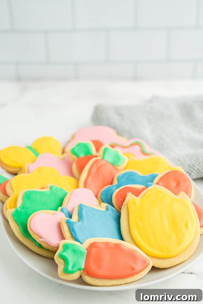 Stacked spring decorated cookies with royal icing, showcasing various flower and carrot shapes