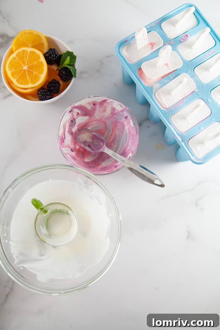 Blending frozen blackberries and Greek yogurt for the popsicle base.