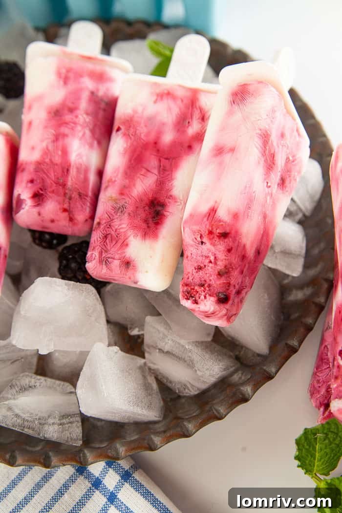 Hand holding a perfectly removed Blackberry Popsicle, ready to eat.