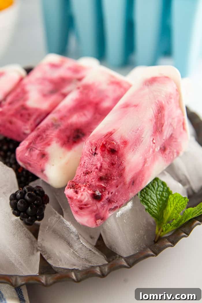 A selection of delicious, homemade Blackberry Popsicles arranged beautifully.