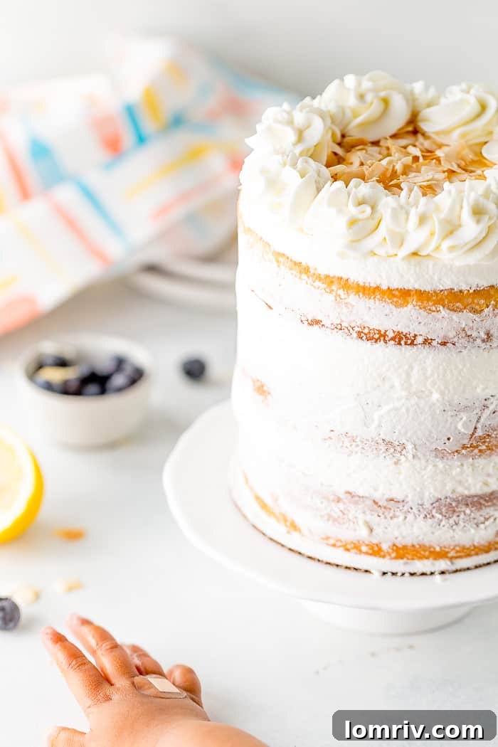 Top view of a beautifully frosted Coconut Blueberry Layer Cake.