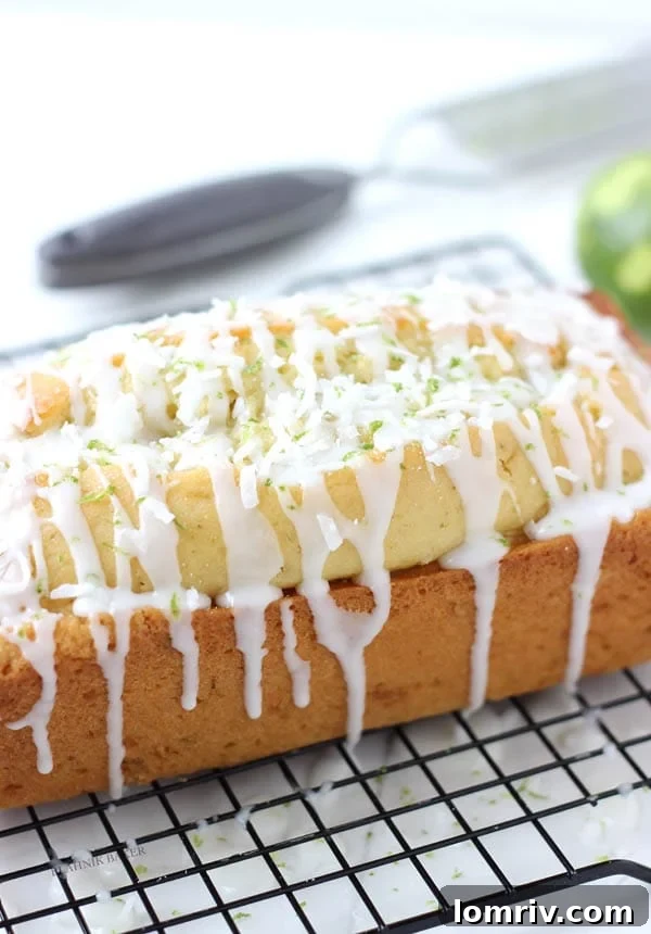 Close-up of fluffy Coconut Key Lime Bread with glaze