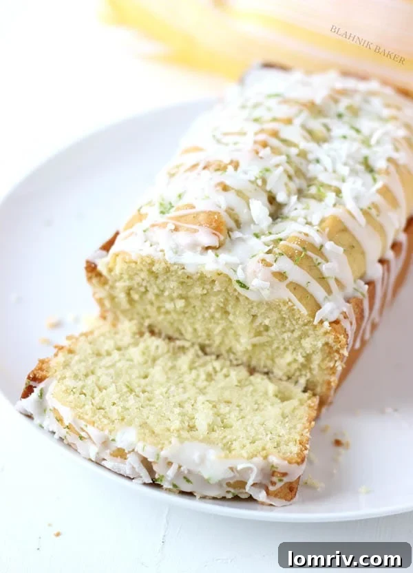 Beautifully glazed Coconut Key Lime Bread, ready to serve