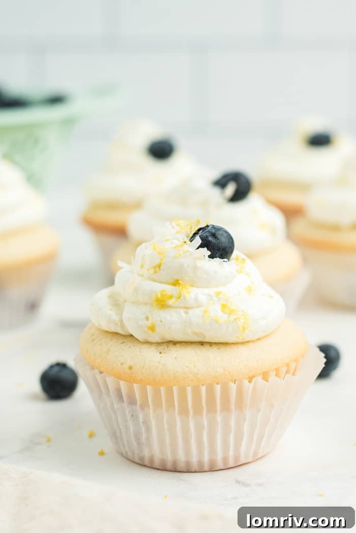 Close-up of fluffy Coconut Blueberry Cupcakes with coconut whipped frosting, ready to be enjoyed.