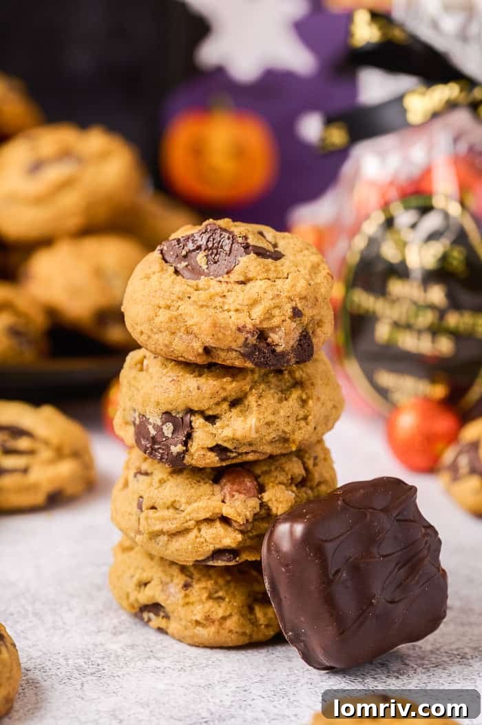 A stack of freshly baked Pumpkin Peanut Butter Chocolate Cookies on a decorative white plate, highlighting their inviting golden-brown edges and soft centers.