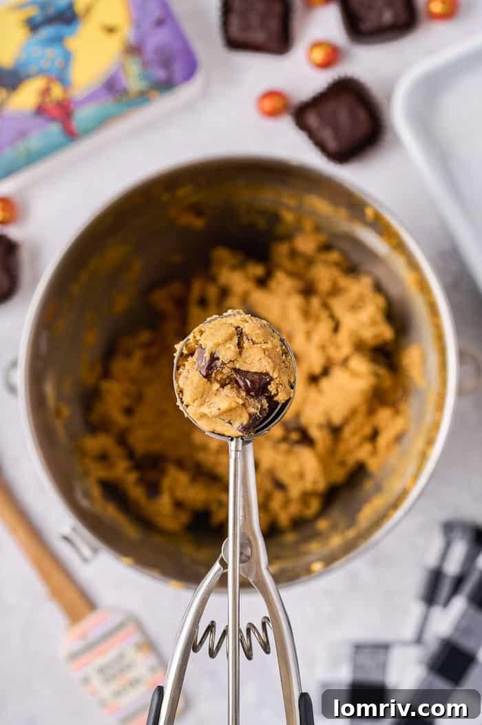 Unbaked cookie dough balls with visible chocolate and peanut butter pieces arranged on a parchment-lined baking sheet, ready for the oven.
