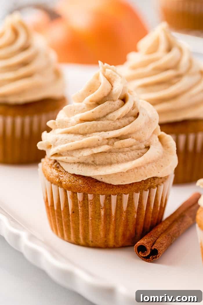 Deliciously frosted pumpkin cupcakes arranged on a white serving platter