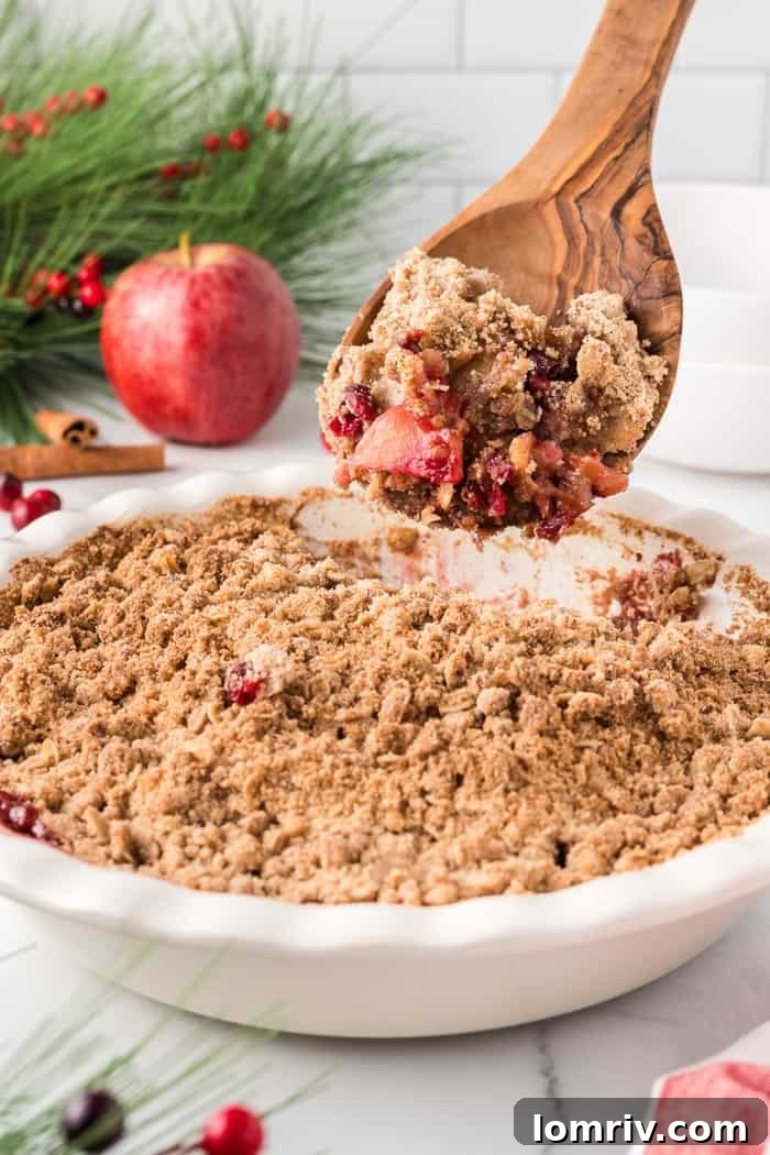 Cranberry Apple Crisp in a pie dish, ready to be served