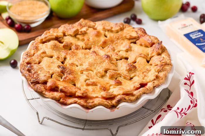 A slice of Apple Cheddar Cranberry Pie on a plate, ready to be enjoyed