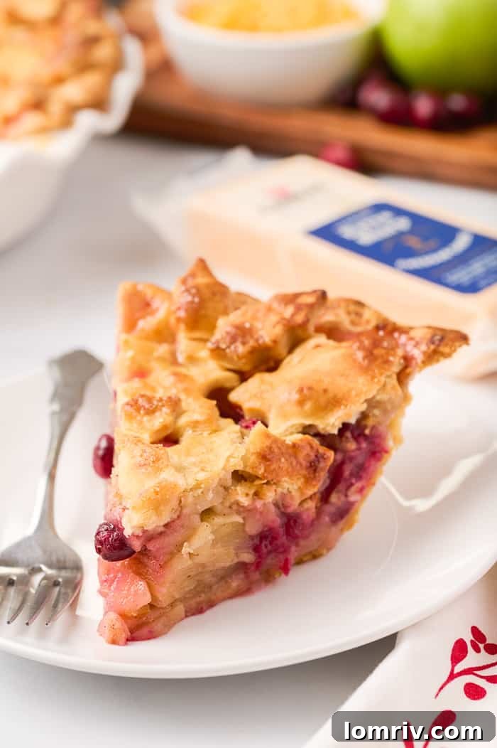 Close-up of the pie filling, featuring sliced apples and whole cranberries, glistening with spices