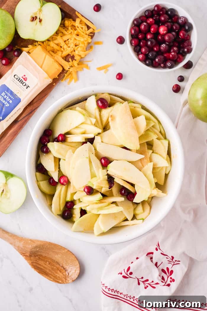 A bowl of sliced apples and fresh cranberries mixed with sugar and spices