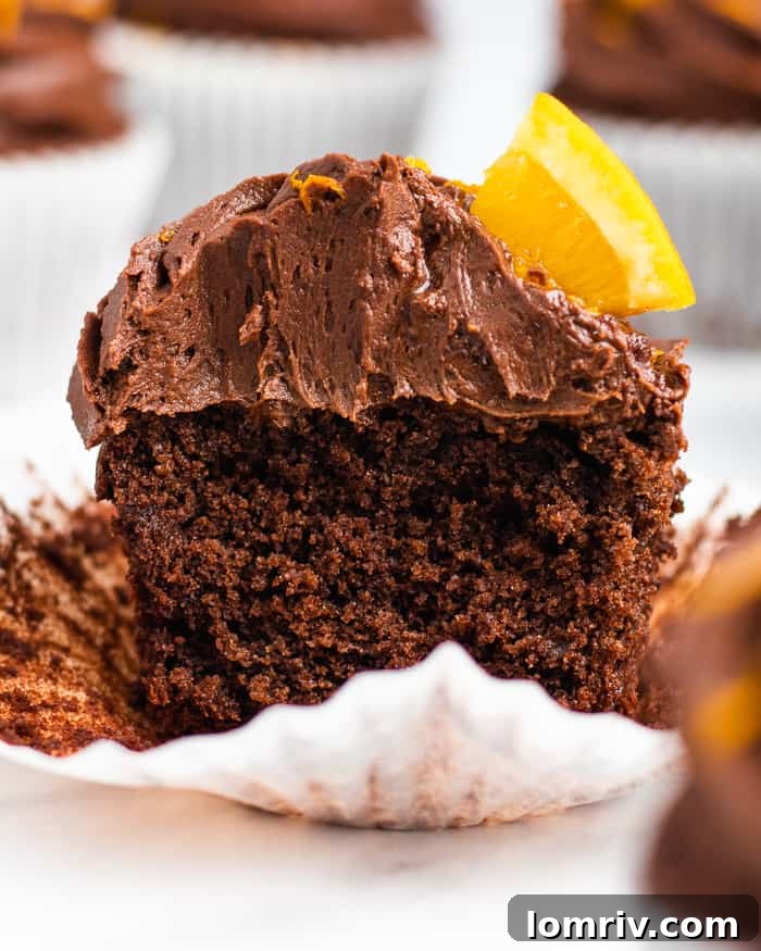 Frosted Chocolate Orange Cupcakes garnished with orange zest