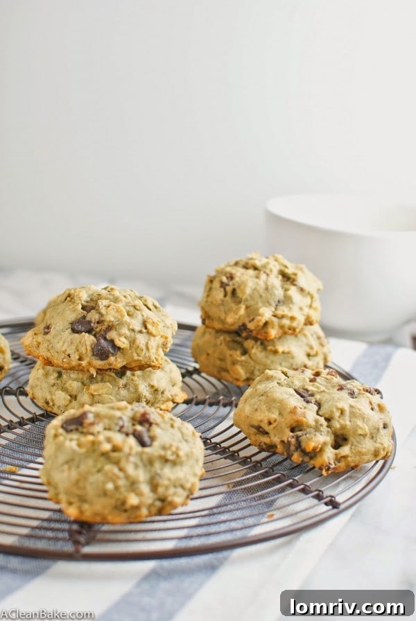Close-up of a stack of Oatmeal Raisin Chocolate Chip Walnut Cookies