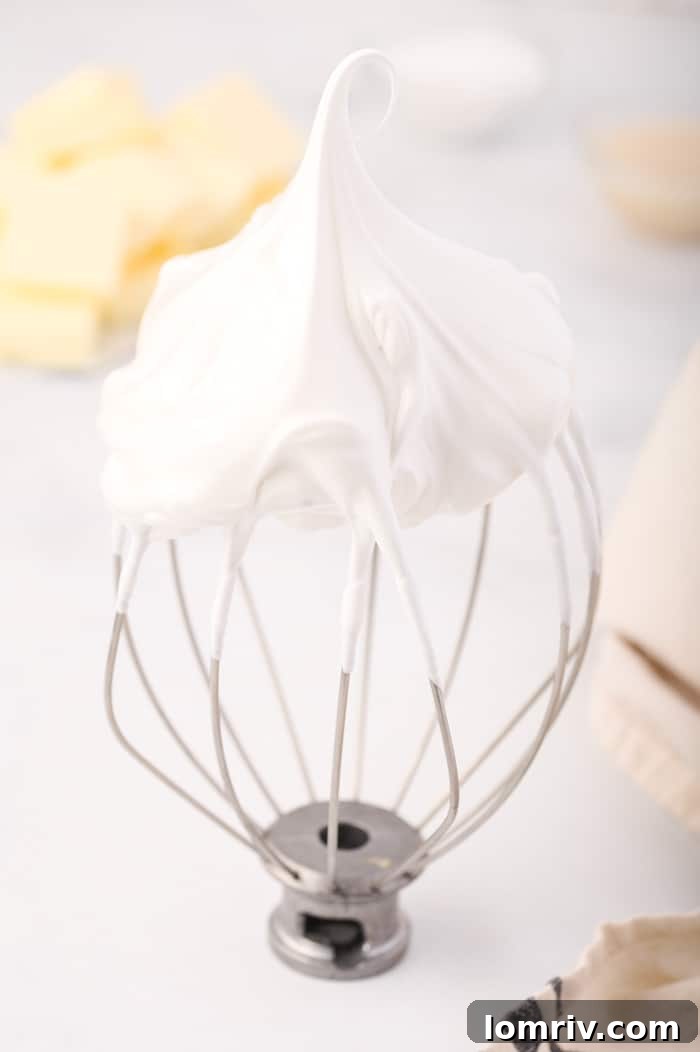 Whipped Swiss Meringue in a Mixer Bowl