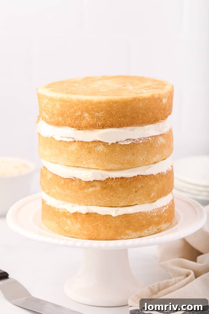 Final Assembled Coconut Layer Cake with Toasted Coconut Decoration