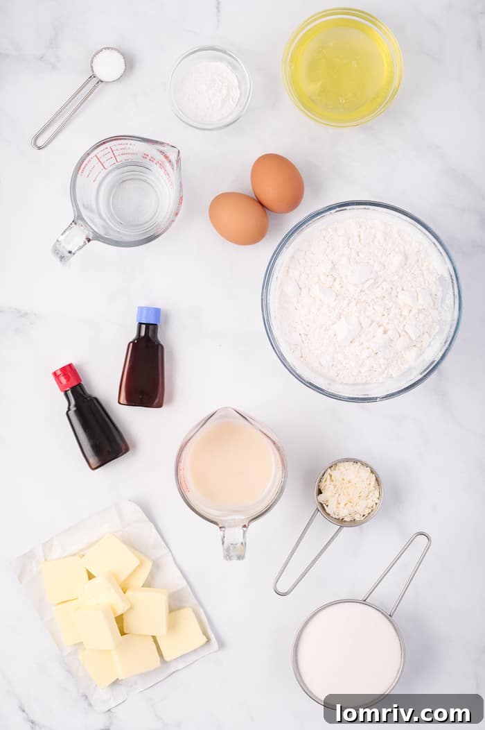 All Ingredients for Coconut Layer Cake Arranged on a Countertop