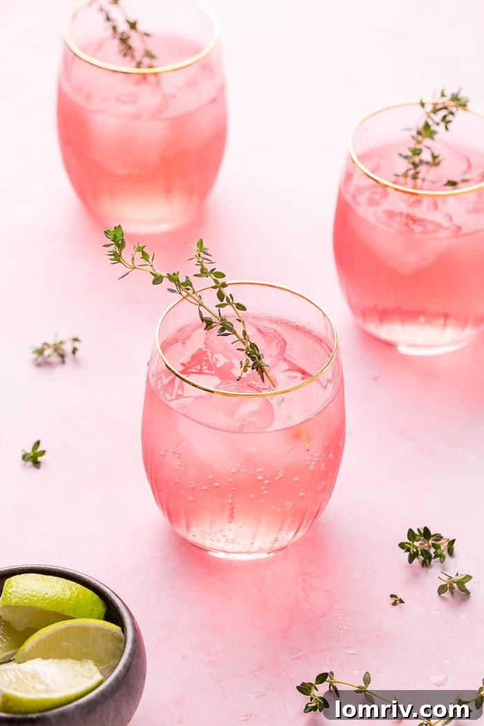 Vibrant Pink Lemonade Cocktail with Thyme Garnish