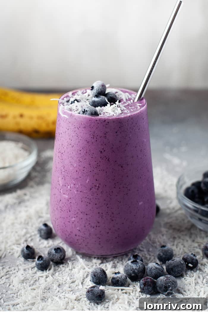 Healthy Blueberry Coconut Smoothie in a glass, surrounded by fresh blueberries and coconut flakes.