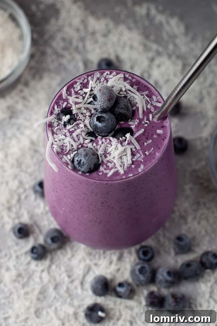 Healthy Blueberry Smoothie in a glass, with a single blueberry and coconut flakes as garnish.