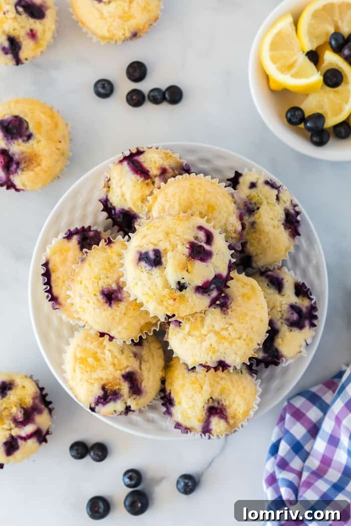Delicious Lemon Blueberry Muffins, perfectly golden with a sweet, zesty topping