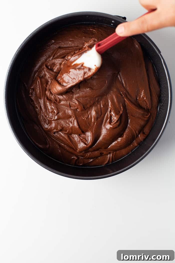 Chocolate cake batter poured into a baking pan, ready for the oven.