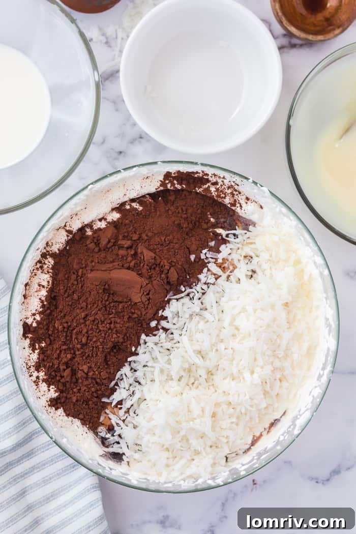 Adding condensed milk, cocoa, and shredded coconut