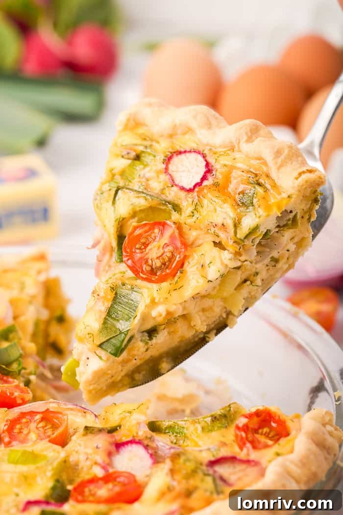 Assembling the Farm Vegetable Quiche before baking, with egg mixture and vegetables