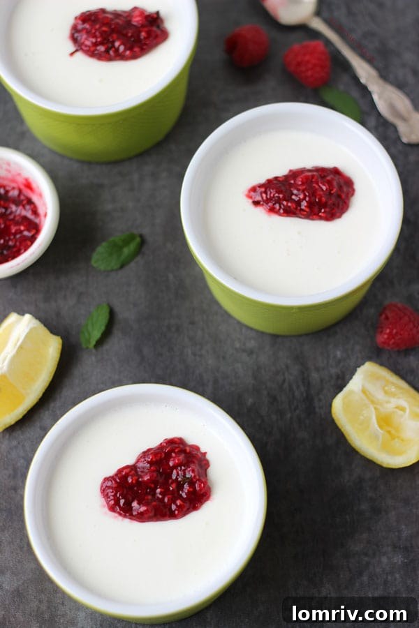 Creamy Buttermilk Panna Cotta with Fresh Raspberry Mint Topping