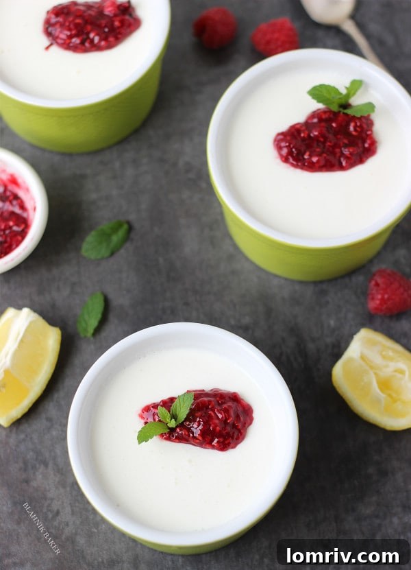 Buttermilk Panna Cotta in Ramekins with Raspberry Mint Compote
