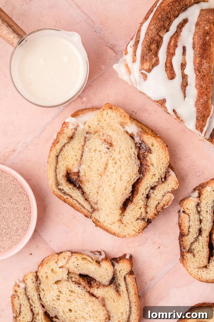 Close-up of Cinnamon Swirl Bread slices beautifully arranged with a generous topping.