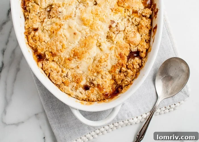 Easy Apple Cobbler recipe showcasing the golden-brown topping in a casserole dish.