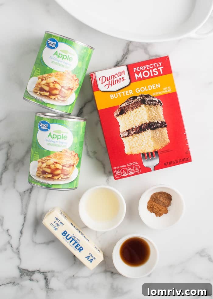 Ingredients laid out for an easy apple cobbler recipe, including canned apple pie filling, spices, cake mix, and butter.