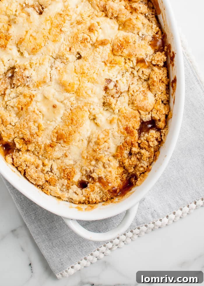 Baked easy apple cobbler, showing the golden-brown crust in a casserole dish.