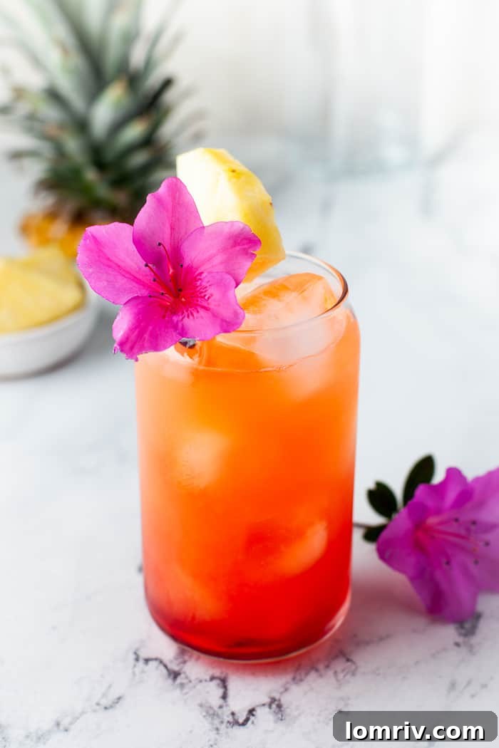 A collection of vibrant cocktails, including the Pineapple Orange Rum Punch, on a rustic wooden background