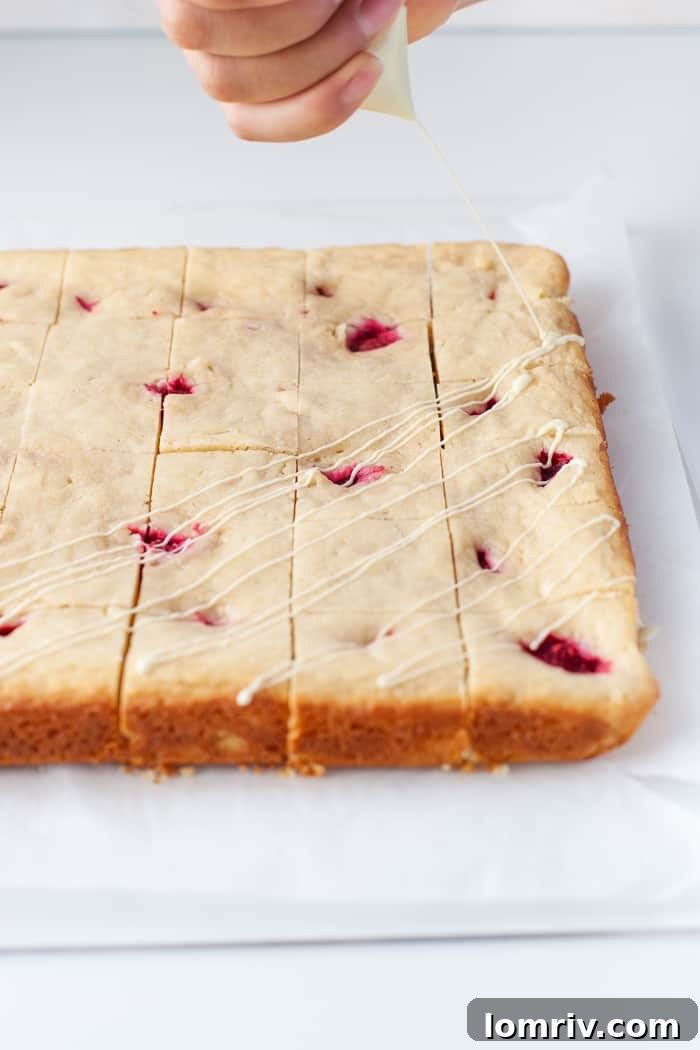 Finished Raspberry Blondies with chocolate drizzle
