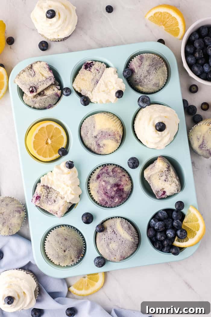 Perfectly frosted Lemon Blueberry Cupcakes garnished with fresh blueberries and lemon zest
