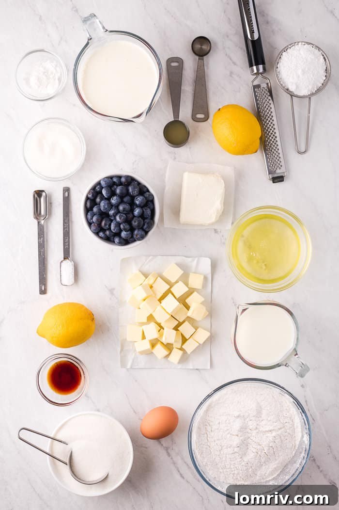 Ingredients for Lemon Blueberry Cupcakes laid out