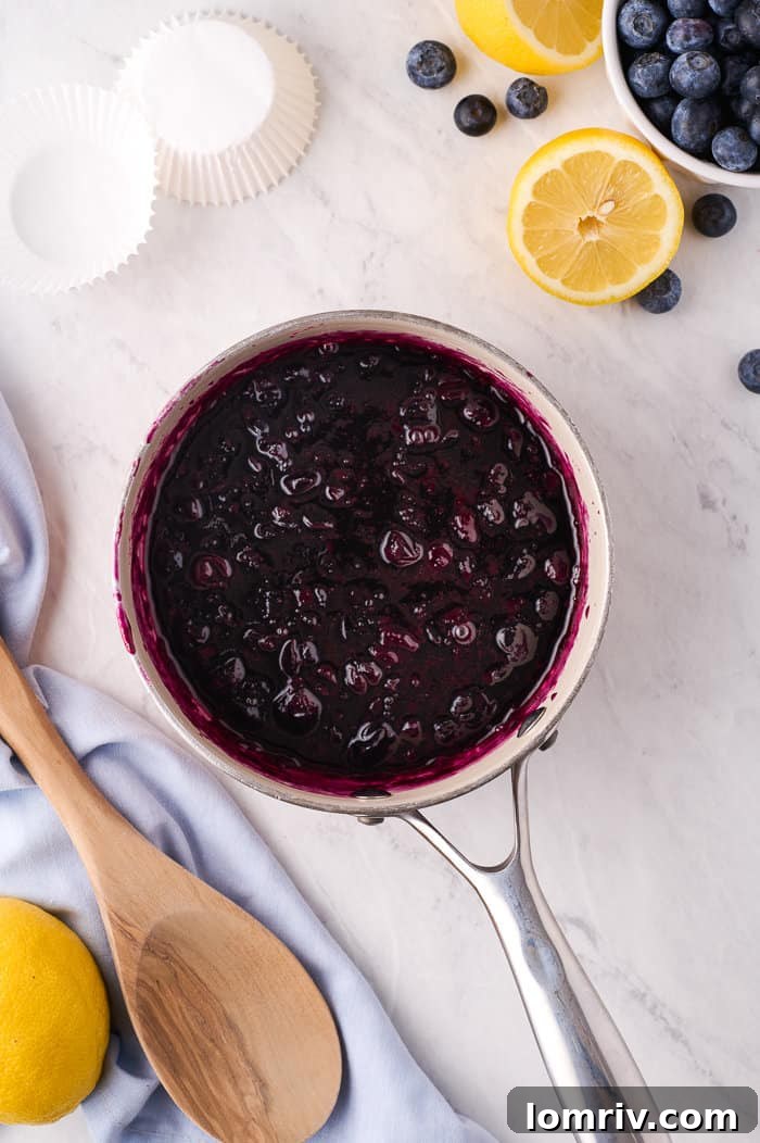 Thickened blueberry compote in a saucepan