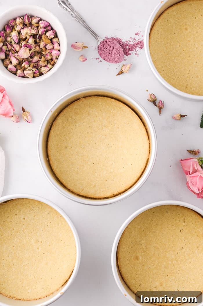 Freshly baked cake layers cooling on a rack.