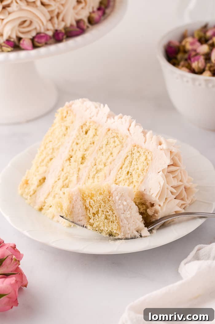 Finished Vanilla Rose Cake decorated with buttercream.