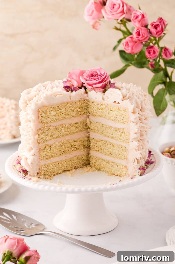 Finished Vanilla Rose Cake on a pedestal, ready to be served.